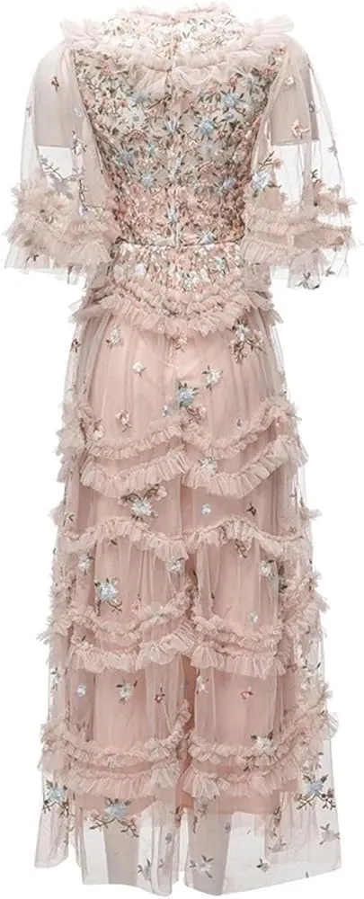 Women's Floral Embroidery Vintage Dress High Waist Lace Cascading Ruffle Midi Party Dresses