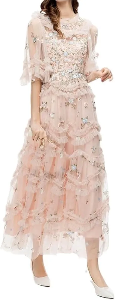 Women's Floral Embroidery Vintage Dress High Waist Lace Cascading Ruffle Midi Party Dresses