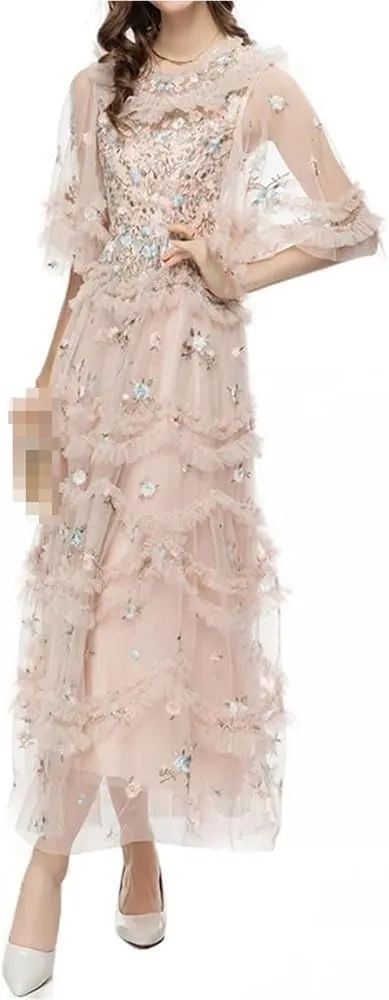 Women's Floral Embroidery Vintage Dress High Waist Lace Cascading Ruffle Midi Party Dresses