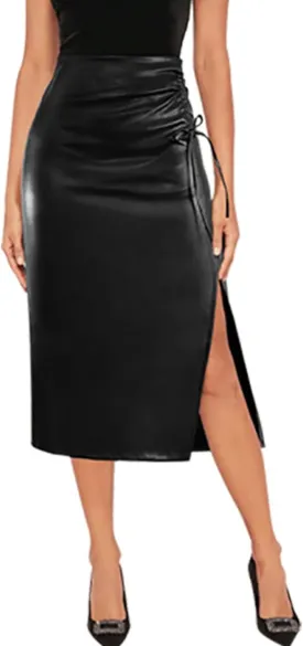Women's High Waisted Faux Leather Asymmetrical Side Slit Work Going Out Bodycon Pencil Midi Skirt