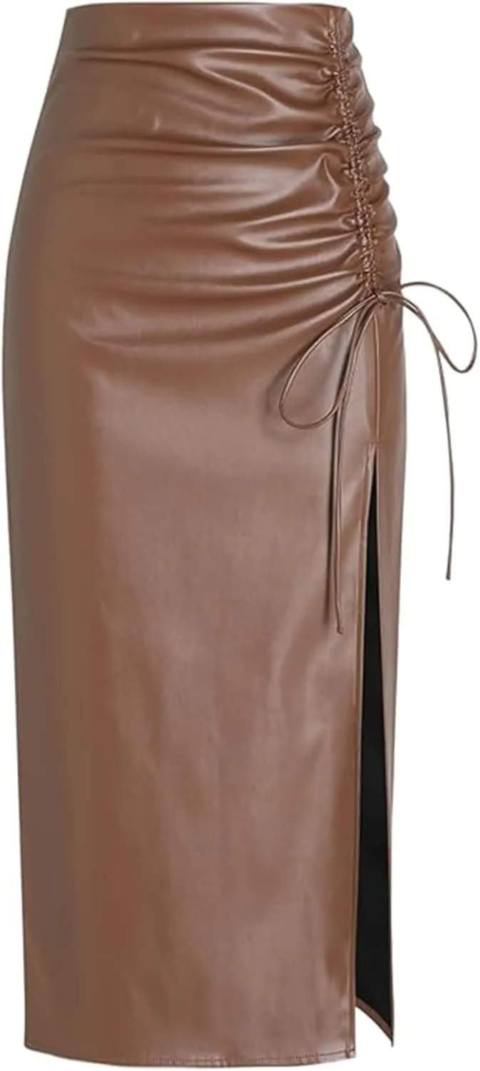 Women's High Waisted Faux Leather Asymmetrical Side Slit Work Going Out Bodycon Pencil Midi Skirt