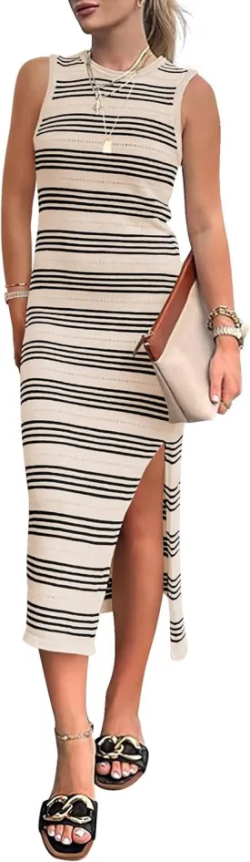 Women's Summer Bodycon Sundresses Casual Midi Sleeveless Hollow Out Knit Side Slit Striped Long Tank Dress