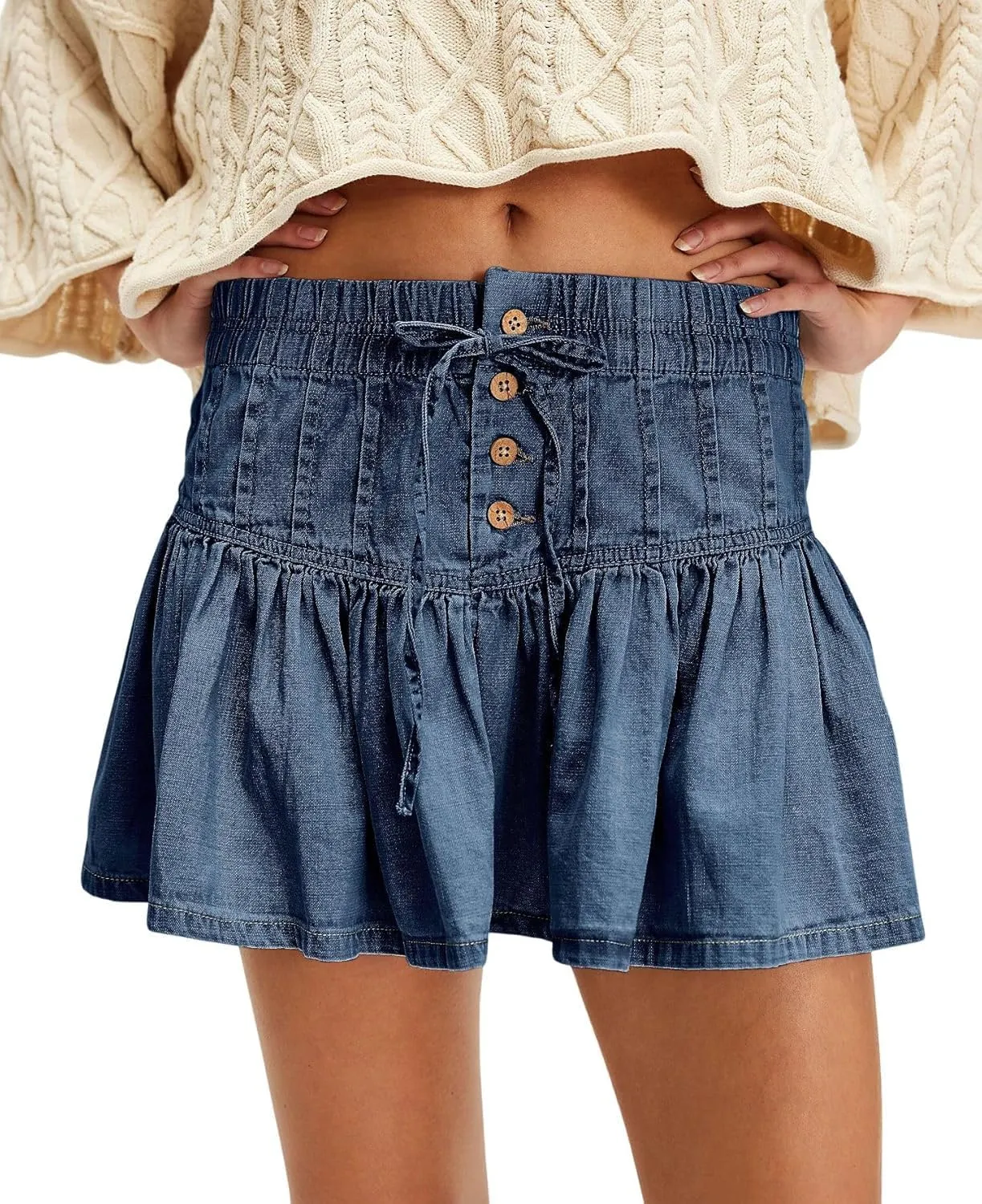 Womens Y2k Pleated Mini Denim Skirt Ruffle A Line Jean Short Skirts Summer Vintage Casual Skirt
