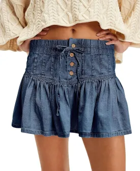 Womens Y2k Pleated Mini Denim Skirt Ruffle A Line Jean Short Skirts Summer Vintage Casual Skirt